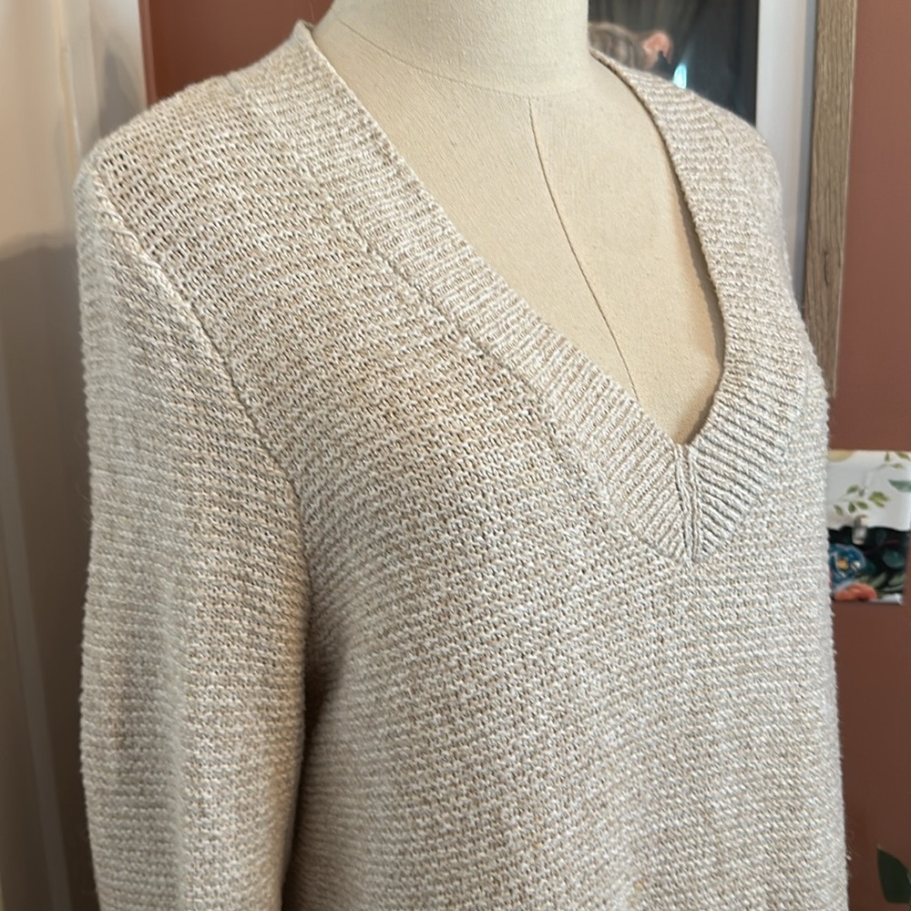 J. Jill V-neck long sleeve oatmeal heather cotton blend ribbed trim M sweater - Picture 3 of 13